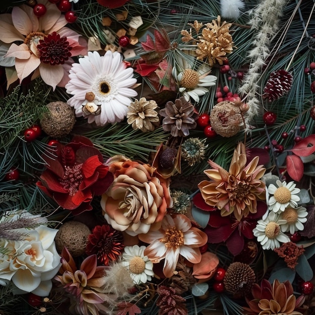 there is a large arrangement of flowers and pine cones on a table generative ai