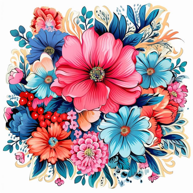 There is a large bouquet of flowers with blue and pink flowers generative ai