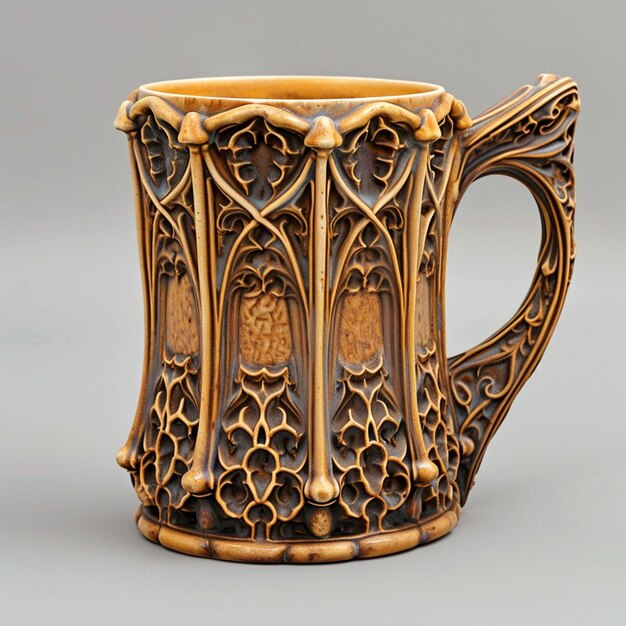 there is a large coffee cup with a carved design on it generative ai