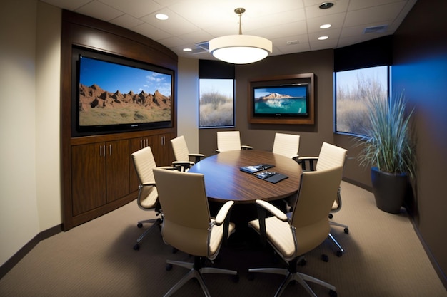 There is a large conference room with a large screen tv generative ai