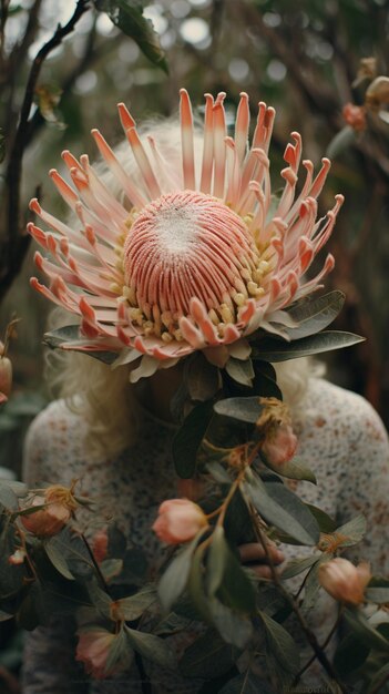 Photo there is a large flower that is growing on a rock generative ai