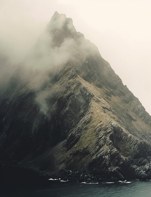 There is a large mountain with a small boat in the water generative ai