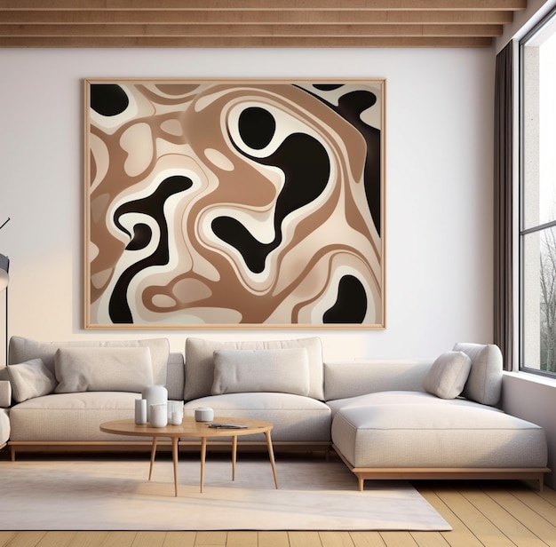 there is a large painting on the wall above a couch generative ai