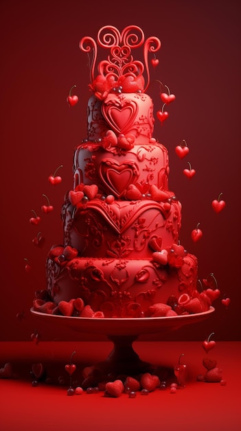 There is a large red cake with hearts all over it generative ai