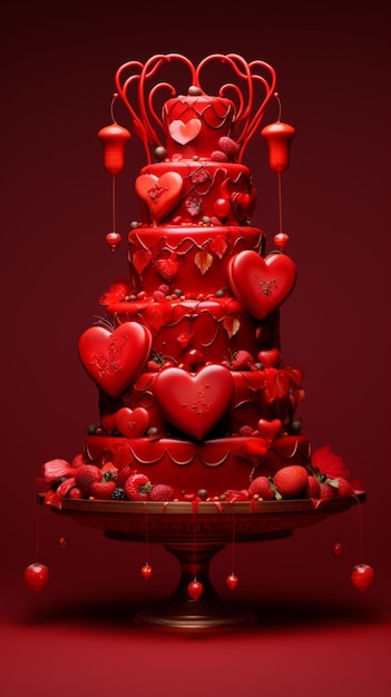 There is a large red cake with hearts on it generative ai