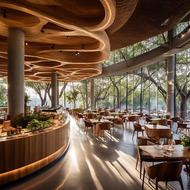 There is a large restaurant with a circular wooden table and chairs generative ai