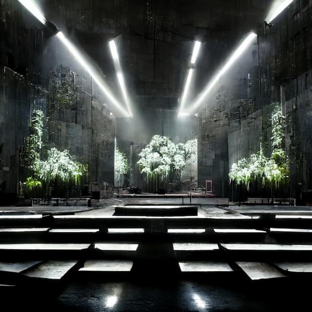 Photo there is a large room with benches and plants in it generative ai