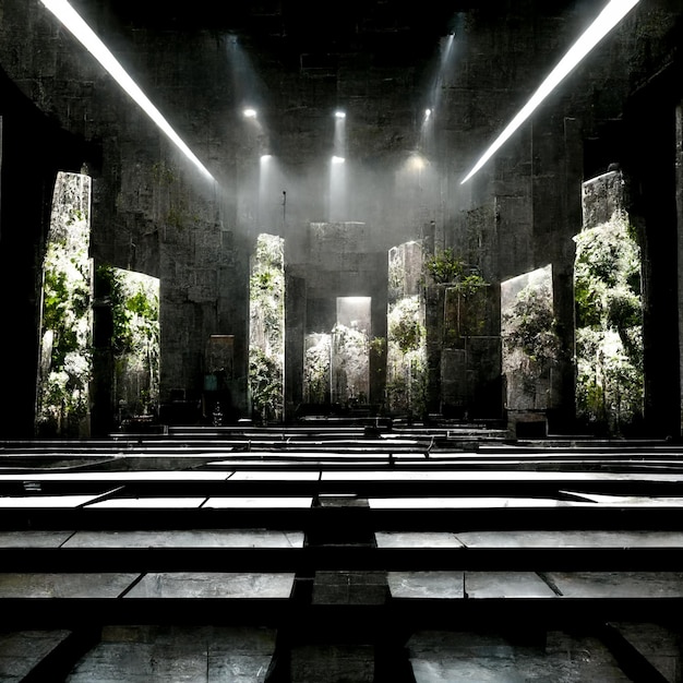 Photo there is a large room with a lot of steps and plants generative ai