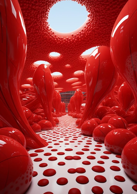 there is a large room with red balls and a skylight generative ai