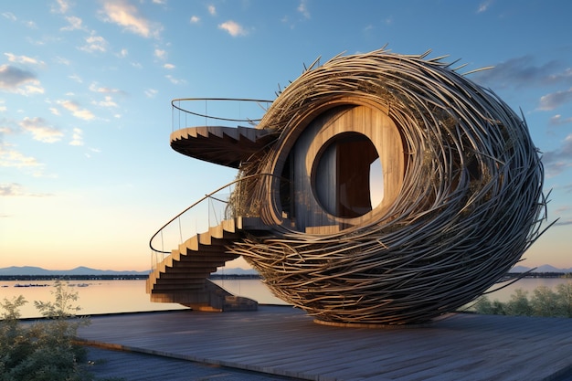 there is a large sculpture of a spiral staircase on a wooden platform generative ai