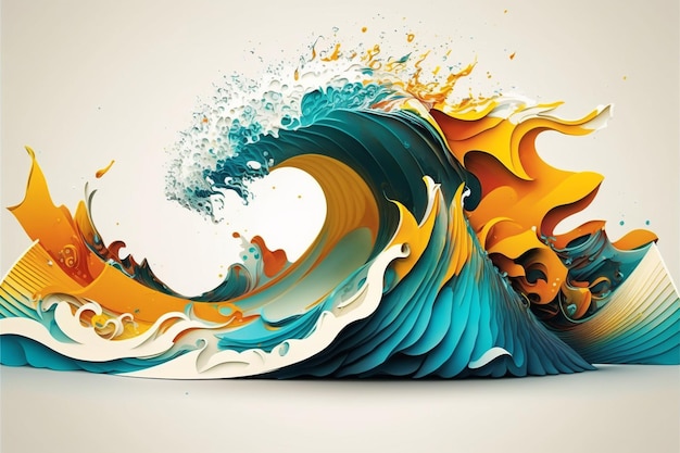 There is a large wave with a lot of orange and blue colors generative ai