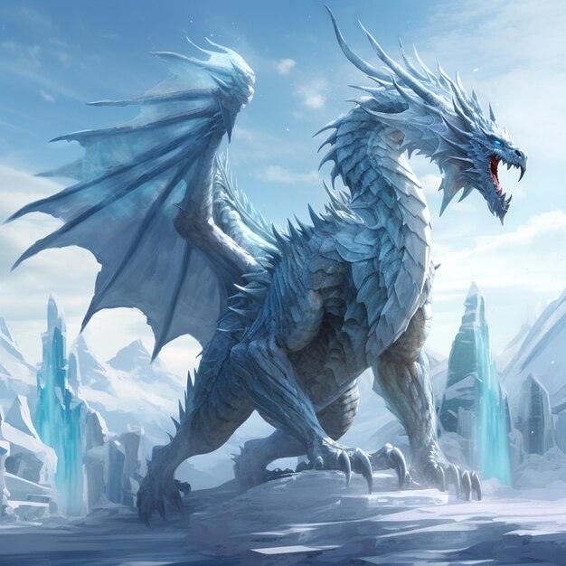 there is a large white dragon with a blue tail and a red eye generative ai