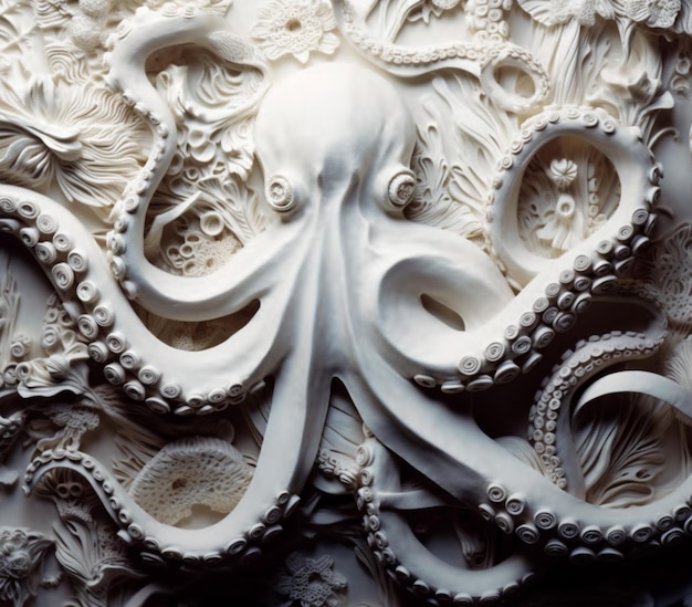 There is a large white octopus sculpture on a wall generative ai