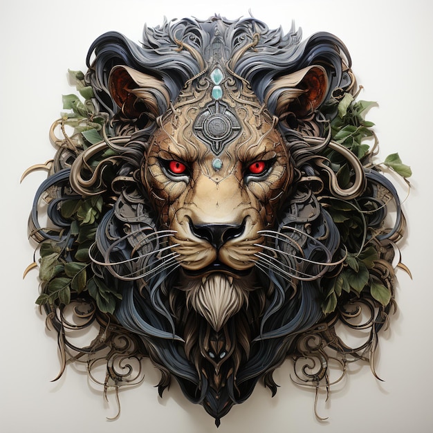 There is a lion head with a red eye and a plant generative ai