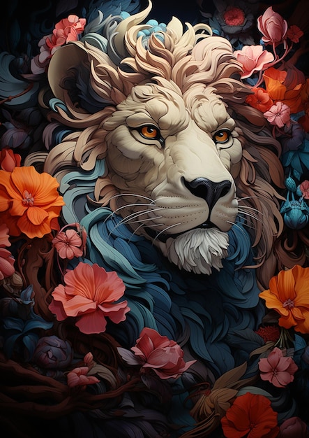 There is a lion with a flower crown on its head generative ai