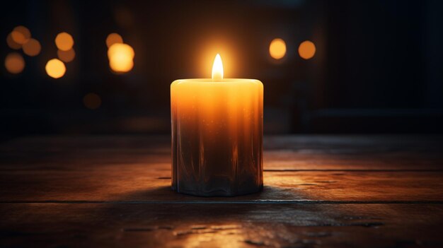 there is a lit candle sitting on a wooden table generative ai