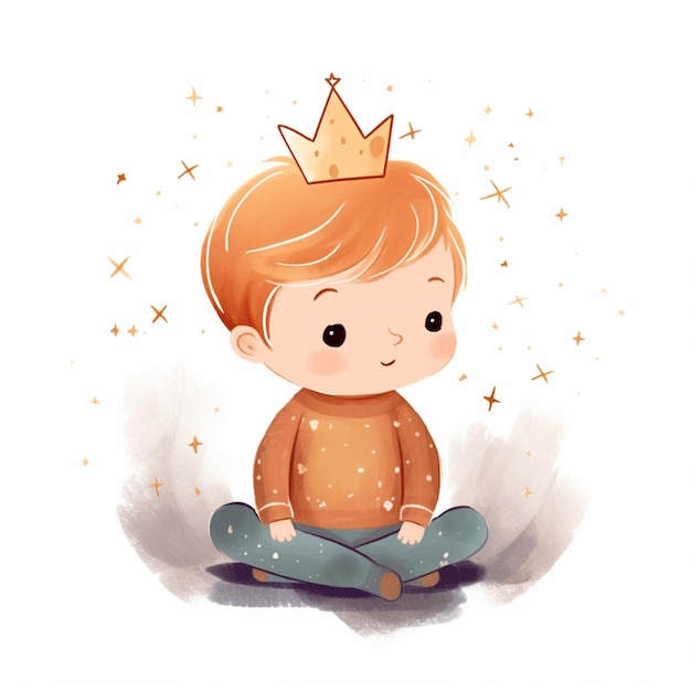 There is a little boy sitting on the floor with a crown on his head generative ai