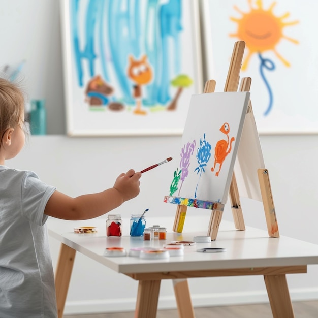 there is a little girl painting on a canvas on a table generative ai