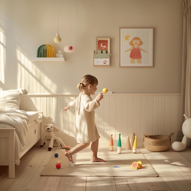 Photo there is a little girl playing with a ball in a room generative ai