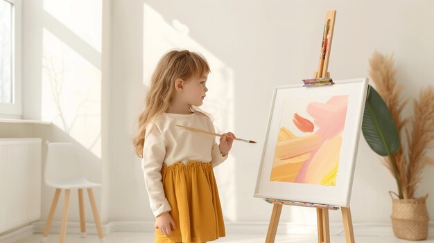 there is a little girl standing in front of a painting generative ai