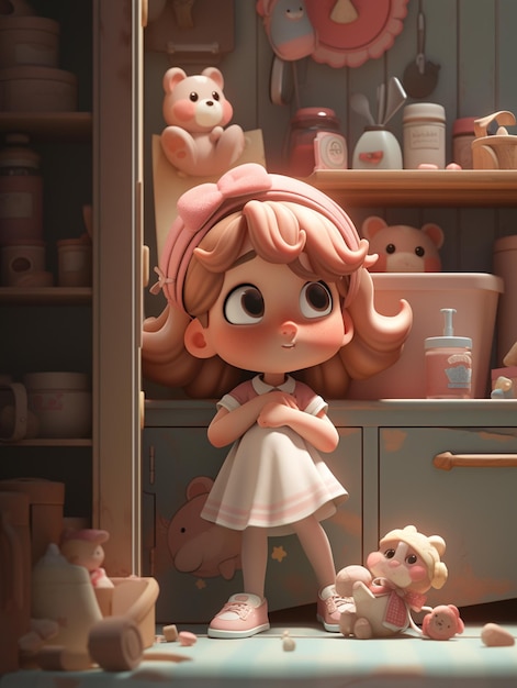 There is a little girl standing in a kitchen with a teddy bear generative ai