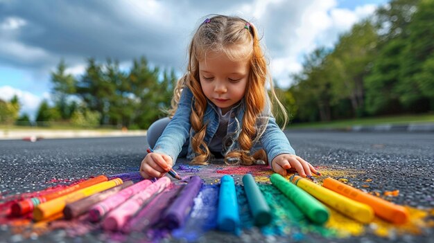 there is a little girl that is drawing on the ground generative ai