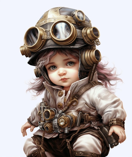 There is a little girl wearing a steam punk helmet and goggles generative ai