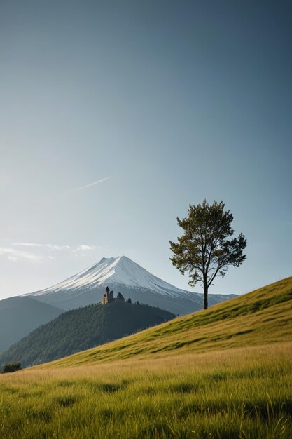 Photo there is a lone tree in a field with a mountain in the background