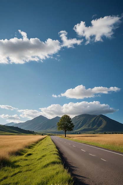 there is a lone tree on the side of the road