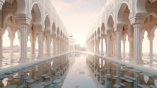 There is a long pool of water in a large building generative ai