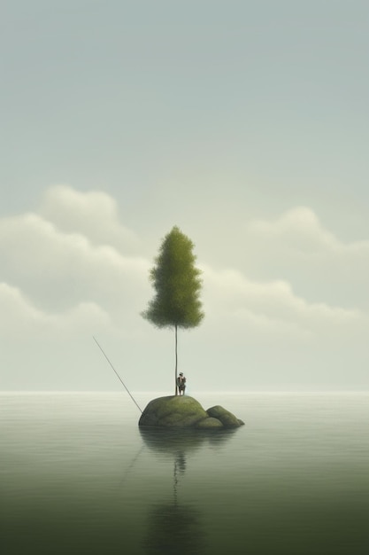 there is a man fishing on a small island with a tree generative ai