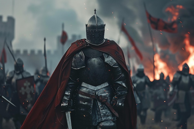 there is a man in a knight costume standing in front of a crowd of people generative ai