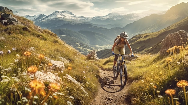 there is a man riding a bike down a trail in the mountains generative ai