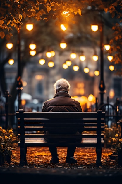 there is a man sitting on a bench in the park generative ai