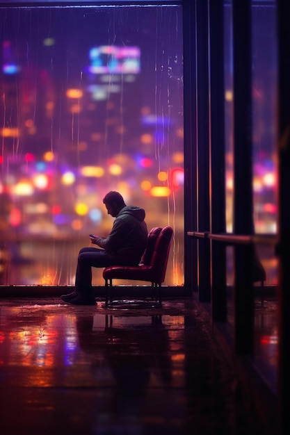 there is a man sitting on a chair in a room with a city view generative ai