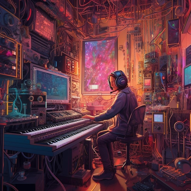 There is a man sitting at a keyboard in a music studio generative ai