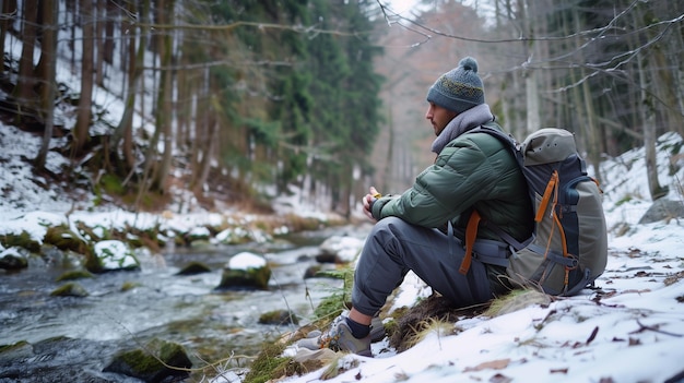 there is a man sitting on a rock by a stream generative ai