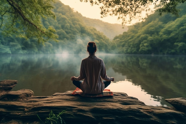 There is a man sitting on a rock by the water generative ai