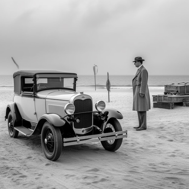 There is a man standing next to a car on the beach generative ai