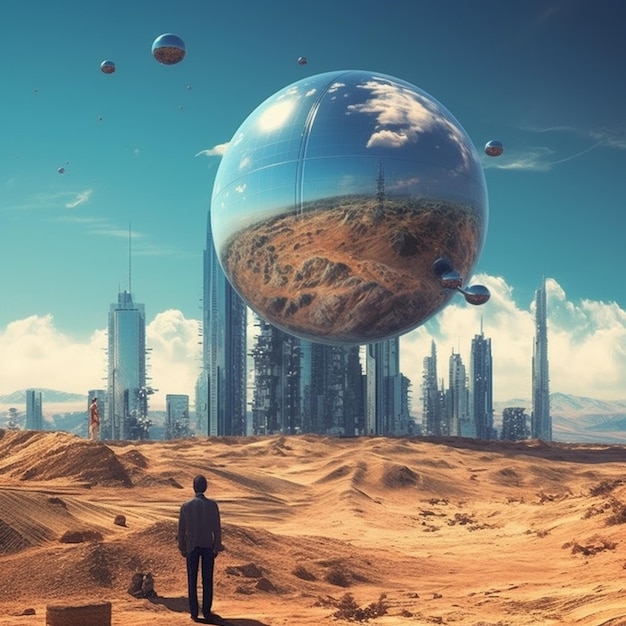 there is a man standing in the desert looking at a futuristic city generative ai