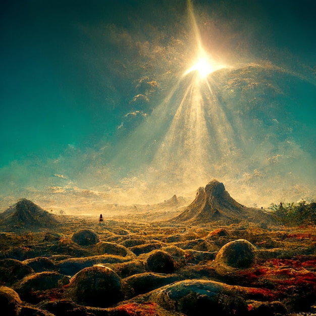 There is a man standing in a field of rocks with the sun shining generative ai