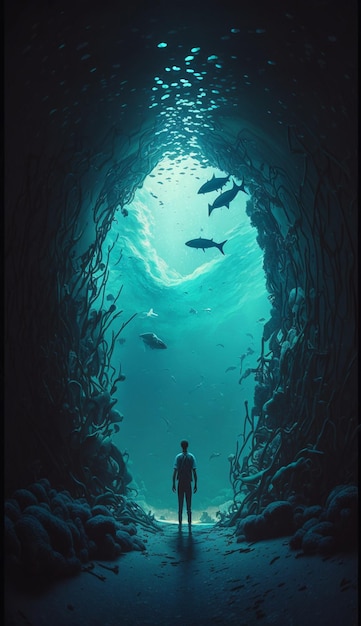 There is a man standing in front of cave with fish the water generative ai