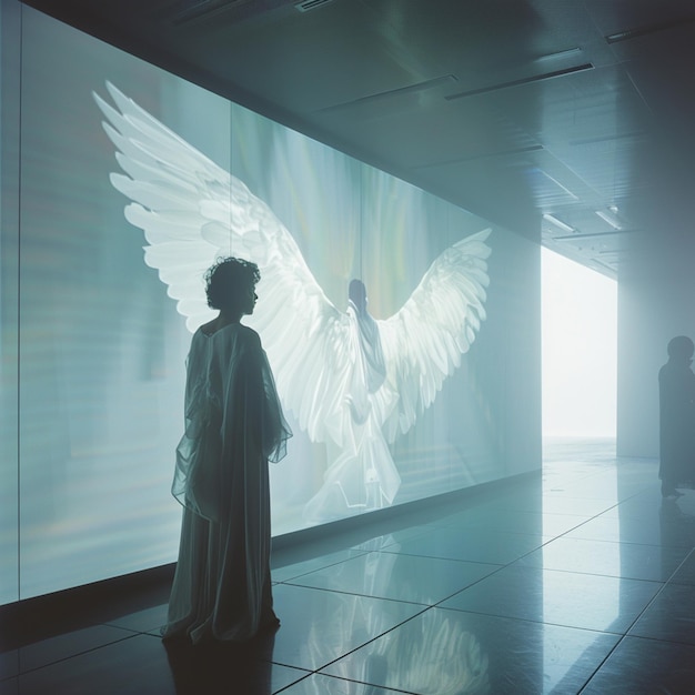 Photo there is a man standing in front of a large screen with a large angel on it generative ai