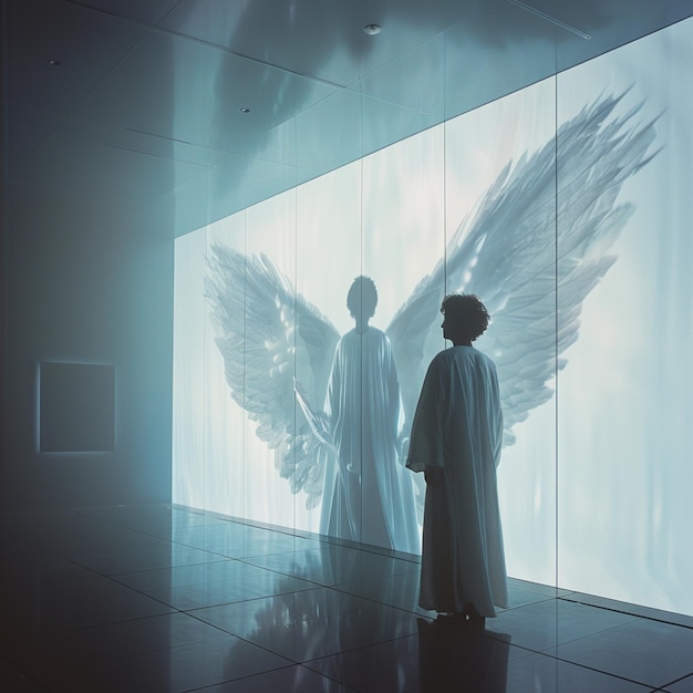 Photo there is a man standing in front of a wall with a shadow of an angel generative ai