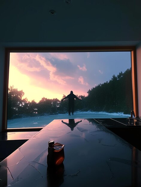 Photo there is a man standing in front of a window with a view of the sunset generative ai