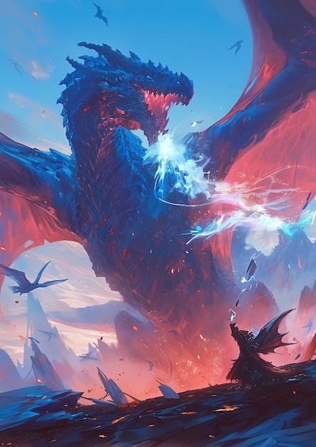 there is a man standing on a hill with a dragon flying above generative ai