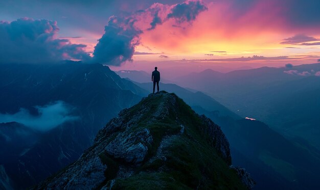 there is a man standing on a mountain top looking at the sunset generative ai