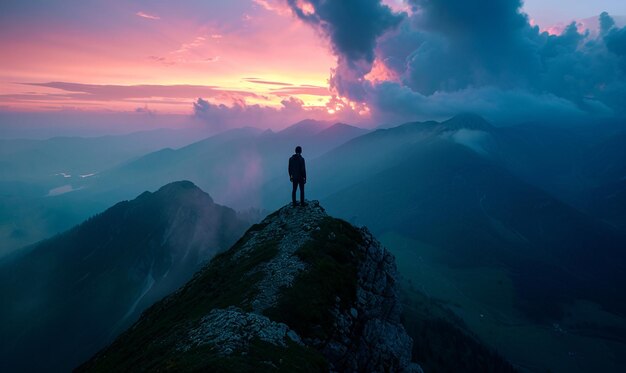 there is a man standing on a mountain top looking at the sunset generative ai