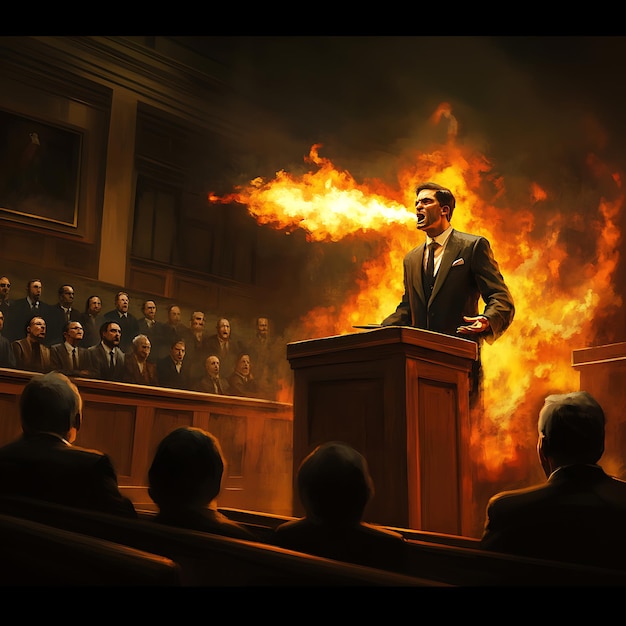 Photo there is a man standing at a podium with a fire in the background