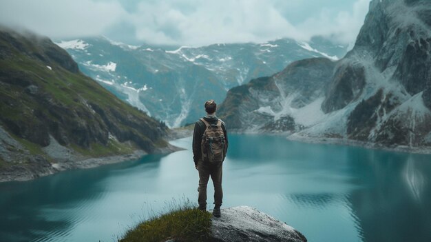 there is a man standing on a rock overlooking a lake generative ai